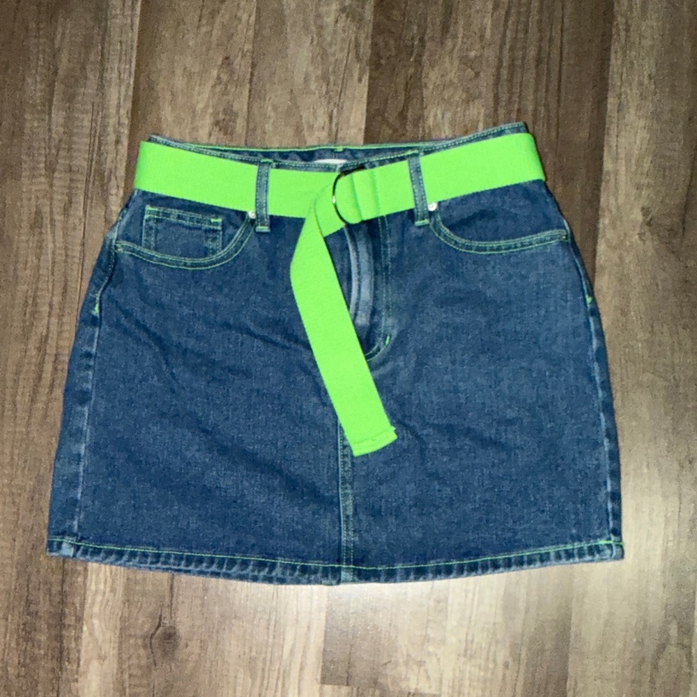 PacSun Denim Mini Skirt with Neon Green Belt